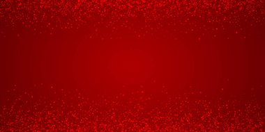 Karlı bir Noel geçmişi var. İnce uçan kar taneleri ve kırmızı arka plandaki yıldızlar. Narin, tatlı, karlı bir Noel. Geniş vektör illüstrasyonu.