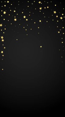 Sihirli yıldızlar vektör kaplaması. Altın yıldızlar rasgele etrafa saçılmış, düşüyor, yüzüyor. Kaotik rüya gibi çocuksu bir şablon. Siyah arkaplanda mucizevi yıldızlı gece vektörü.