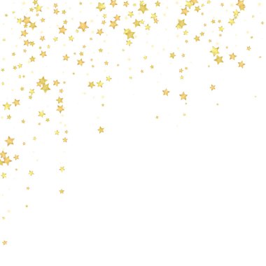 Sihirli yıldızlar vektör kaplaması. Altın yıldızlar rasgele etrafa saçılmış, düşüyor, yüzüyor. Kaotik rüya gibi çocuksu bir şablon. beyaz arkaplan.