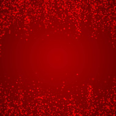 Yılbaşı arka planında kar yağışı var. İnce uçan kar taneleri ve kırmızı arka plandaki yıldızlar. Karlı bayram örtüsü. Kare vektör illüstrasyonu.