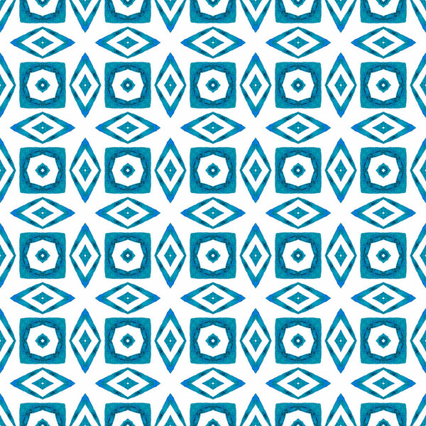 Textile ready admirable print, swimwear fabric, wallpaper, wrapping. Blue popular boho chic summer design. Hand painted tiled watercolor border. Tiled watercolor background.