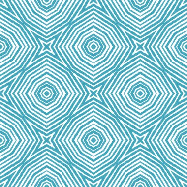 Döşemeli suluboya deseni. Turkuaz simetrik kaleydoskop arka planı. Elle boyanmış suluboya pürüzsüz. Tekstil hazır duygusal baskı, mayo kumaş, duvar kağıdı, ambalaj..