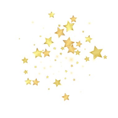 Sihirli yıldızlar vektör kaplaması. Altın yıldızlar rasgele etrafa saçılmış, düşüyor, yüzüyor. Kaotik rüya gibi çocuksu bir şablon. Beyaz arka planda sihirli yıldızlı büyüleyici vektör.