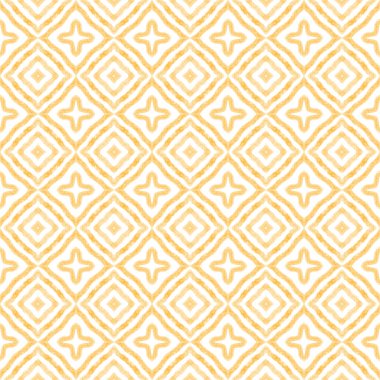 Geometrik dikişsiz desen. Sarı simetrik kaleydoskop arka planı. El çizimi geometrik kusursuz tasarım. Tekstil hazır hipnotize baskı, mayo kumaş, duvar kağıdı, ambalaj.