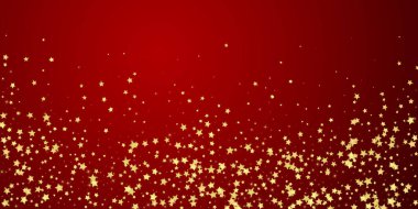 Sihirli yıldızlar vektör kaplaması. Altın yıldızlar rasgele etrafa saçılmış, düşüyor, yüzüyor. Kaotik rüya gibi çocuksu bir şablon. Kırmızı arkaplanda büyülü karikatür gece gökyüzü.