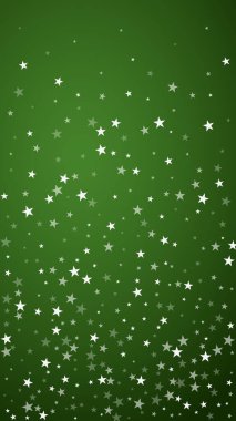 Karlı bir Noel geçmişi var. İnce uçan kar taneleri ve yeşil arka plandaki yıldızlar. Narin, tatlı, karlı bir Noel. Dikey vektör illüstrasyonu.