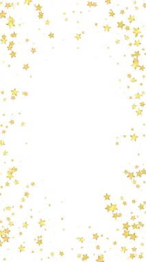 Sihirli yıldızlar vektör kaplaması. Altın yıldızlar rasgele etrafa saçılmış, düşüyor, yüzüyor. Kaotik rüya gibi çocuksu bir şablon. Beyaz arka planda sihirli yıldızlı büyüleyici vektör.