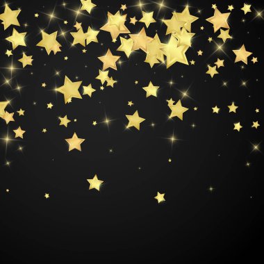 Sihirli yıldızlar vektör kaplaması. Altın yıldızlar rasgele etrafa saçılmış, düşüyor, yüzüyor. Kaotik rüya gibi çocuksu bir şablon. Siyah arkaplanda vektör peri masalı.