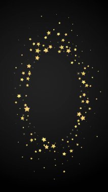 Sihirli yıldızlar vektör kaplaması. Altın yıldızlar rasgele etrafa saçılmış, düşüyor, yüzüyor. Kaotik rüya gibi çocuksu bir şablon. Siyah arka planda sihirli yıldızlı büyüleyici vektör.