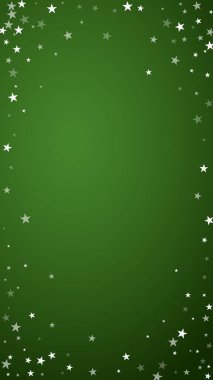 Yılbaşı arkaplanında kar taneleri yağıyor. İnce uçan kar taneleri ve yeşil arka plandaki yıldızlar. Çok güzel düşen kar taneleri. Dikey vektör illüstrasyonu.