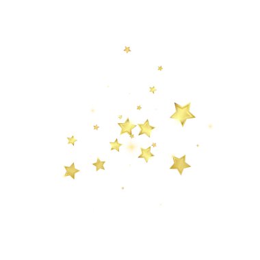 Sihirli yıldızlar vektör kaplaması. Altın yıldızlar rasgele etrafa saçılmış, düşüyor, yüzüyor. Kaotik rüya gibi çocuksu bir şablon. Beyaz arkaplanda vektör peri masalı.