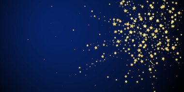Sihirli yıldızlar vektör kaplaması. Altın yıldızlar rasgele etrafa saçılmış, düşüyor, yüzüyor. Kaotik rüya gibi çocuksu bir şablon. Koyu mavi arkaplanda büyülü bir karikatür gece gökyüzü.