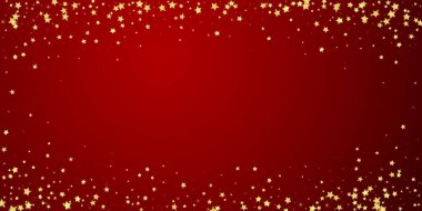 Sihirli yıldızlar vektör kaplaması. Altın yıldızlar rasgele etrafa saçılmış, düşüyor, yüzüyor. Kaotik rüya gibi çocuksu bir şablon. Kırmızı arkaplanda vektör peri masalı.