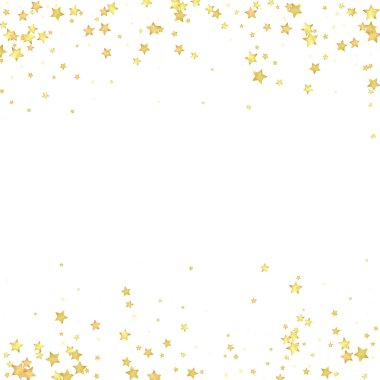 Sihirli yıldızlar vektör kaplaması. Altın yıldızlar rasgele etrafa saçılmış, düşüyor, yüzüyor. Kaotik rüya gibi çocuksu bir şablon. Beyaz arkaplanda büyülü gece gökyüzü.