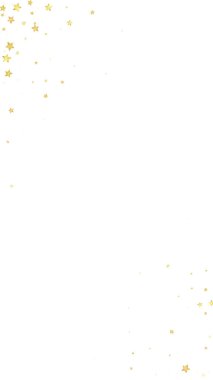 Sihirli yıldızlar vektör kaplaması. Altın yıldızlar rasgele etrafa saçılmış, düşüyor, yüzüyor. Kaotik rüya gibi çocuksu bir şablon. Beyaz arkaplanda vektör peri masalı.