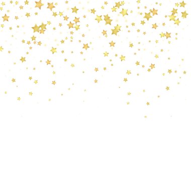 Sihirli yıldızlar vektör kaplaması. Altın yıldızlar rasgele etrafa saçılmış, düşüyor, yüzüyor. Kaotik rüya gibi çocuksu bir şablon. Beyaz arkaplanda vektör büyüsü.