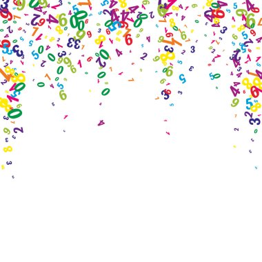 Okul matematik not defteri kapağı. Havada yüzen renkli çocuksu sayılar. Beyaz arka planda matematik afişi. Düşen sayılar vektör illüstrasyonu.