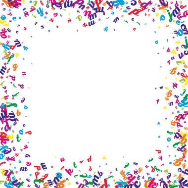 İngilizce 'nin harfleri düşüyor. Latin alfabesinin renkli, çocuksu uçan karakterleri. Yabancı diller öğrenim kavramı. Beyaz arkaplanda okul afişine geri dön.