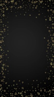 Altın parıldayan yıldız konfetisi. Kaotik rüya gibi çocuksu bir şablon. Siyah arkaplanda kutlama yıldızları vektör çizimi.