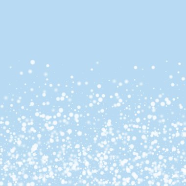 Güzel kar yağışı arkaplanı. Hafif uçan kar taneleri ve açık mavi kış arka planındaki yıldızlar. Güzel kar yağışı şablonu. Kare vektör illüstrasyonu.
