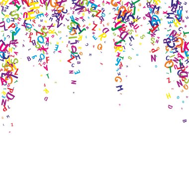 Uçan Latince mektuplar. İngiliz alfabesinin renkli çocuksu dağılmış çardakları. Yabancı diller öğrenim kavramı. Beyaz arkaplanda okul afişine geri dön.