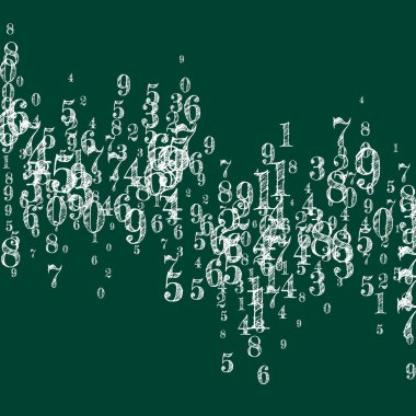 Dağınık numaralar. Beyaz tebeşir parmakları kaotik uçuyor. Tahta arka planda matematik afişi var. Düşen sayılar vektör illüstrasyonu.