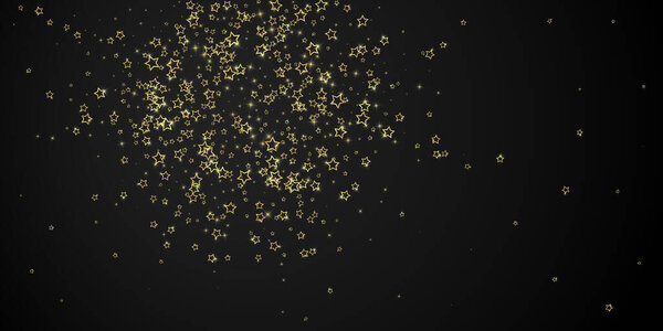 Twinkle stars scattered around randomly, flying, falling down, floating.  Christmas celebration concept. Festive stars vector illustration on black background.