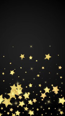 Sihirli yıldızlar vektör kaplaması. Altın yıldızlar rasgele etrafa saçılmış, düşüyor, yüzüyor. Kaotik rüya gibi çocuksu bir şablon. Siyah arkaplanda vektör peri masalı.