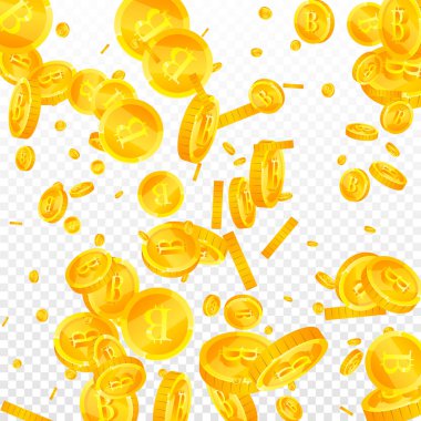 Bitcoin coins falling. Cryptocurrency scattered gold BTC coins. Internet currency. Great business success concept. Square vector illustration.