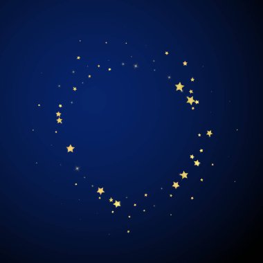 Sihirli yıldızlar vektör kaplaması. Altın yıldızlar rasgele etrafa saçılmış, düşüyor, yüzüyor. Kaotik rüya gibi çocuksu bir şablon. koyu mavi arkaplanda.