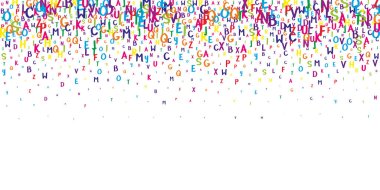 Dağınık Latin alfabesi harfleri. İngiliz dilinin renkli yüzen karakterleri. Yabancı diller öğrenim kavramı. Beyaz arkaplanda okul afişine geri dön.