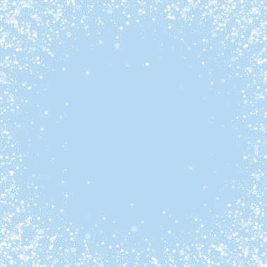 Sihirli kar yağışı arkaplanı. Hafif uçan kar taneleri ve açık mavi kış arka planındaki yıldızlar. Sihirli yağan kar tatili manzarası. Kare vektör illüstrasyonu.