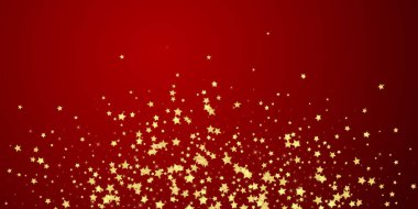 Sihirli yıldızlar vektör kaplaması. Altın yıldızlar rasgele etrafa saçılmış, düşüyor, yüzüyor. Kaotik rüya gibi çocuksu bir şablon. kırmızı arkaplanda.