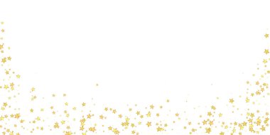 Sihirli yıldızlar vektör kaplaması. Altın yıldızlar rasgele etrafa saçılmış, düşüyor, yüzüyor. Kaotik rüya gibi çocuksu bir şablon. Beyaz arka planda sihirli yıldızlı büyüleyici vektör.