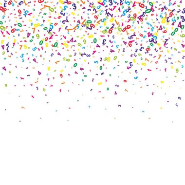 Okul geçmişi kavramı. Renkli çocuksu sayılar ve rakamlar düşüyor. Beyaz arka planda matematik afişi. Düşen sayılar vektör illüstrasyonu.