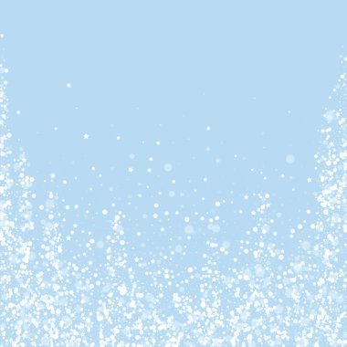 Sihirli kar yağışı arkaplanı. Hafif uçan kar taneleri ve açık mavi kış arka planındaki yıldızlar. Sihirli yağan kar tatili manzarası. Kare vektör illüstrasyonu.