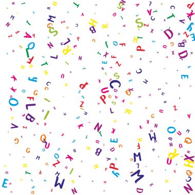 İngilizce 'nin harfleri düşüyor. Latin alfabesinin renkli, çocuksu uçan karakterleri. Yabancı diller öğrenim kavramı. Beyaz arkaplanda okul afişine geri dön.