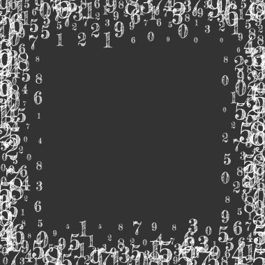 Okul matematik not defteri kapağı. Havada süzülen beyaz tebeşir sayıları. Tahta arka planda matematik afişi var. Düşen sayılar vektör illüstrasyonu.