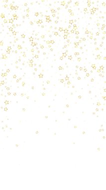 Altın parıldayan yıldız konfetisi. Kaotik rüya gibi çocuksu bir şablon. Beyaz arkaplanda şenlikli yıldız vektör çizimi.