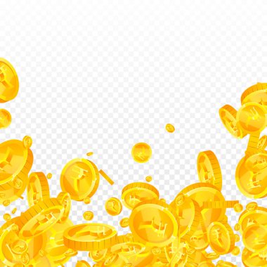 Indian rupee coins falling. Scattered gold INR coins. India money. Global financial crisis concept. Square vector illustration.