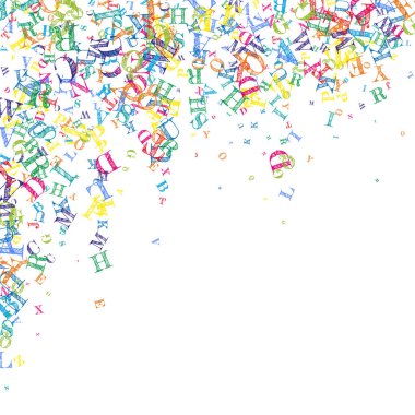 İngilizce 'nin harfleri düşüyor. Latin alfabesinin renkli, çocuksu uçan karakterleri. Yabancı diller öğrenim kavramı. Beyaz arkaplanda okul afişine geri dön.