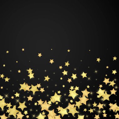 Sihirli yıldızlar vektör kaplaması. Altın yıldızlar rasgele etrafa saçılmış, düşüyor, yüzüyor. Kaotik rüya gibi çocuksu bir şablon. siyah arkaplan.
