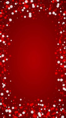 Güzel kar yağışı arkaplanı. İnce uçan kar taneleri ve kırmızı arka plandaki yıldızlar. Güzel kar yağışı şablonu. Dikey vektör illüstrasyonu.