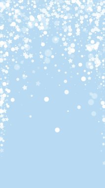 Yılbaşı arkaplanında kar taneleri yağıyor. Hafif uçan kar taneleri ve açık mavi kış arka planındaki yıldızlar. Çok güzel düşen kar taneleri. Dikey vektör illüstrasyonu.