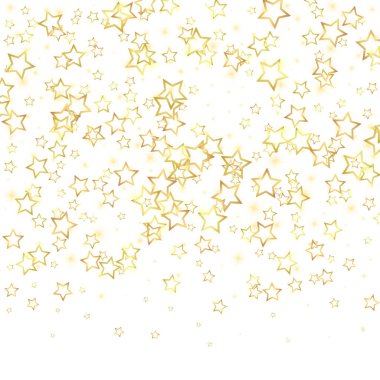 Altın parıldayan yıldız konfetisi. Kaotik rüya gibi çocuksu bir şablon. Beyaz arkaplanda şenlikli yıldız vektör çizimi.
