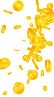 Indian rupee coins falling. Scattered gold INR coins. India money. Great business success concept. Vector illustration.