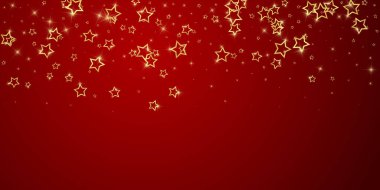 Noel yıldızları vektör kaplaması. Sihirli yıldızlar lüks konfeti. Noel ruhu. Kırmızı arkaplanda kutlama yıldızları vektör çizimi.