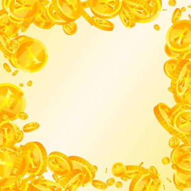 Japanese yen coins falling. Scattered gold JPY coins. Japan money. Jackpot wealth or success concept. Square vector illustration.