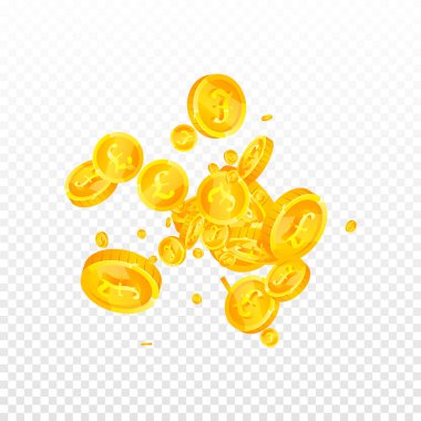 British pound coins falling. Scattered gold GBP coins.  United Kingdom money. Global financial crisis concept. Square vector illustration.