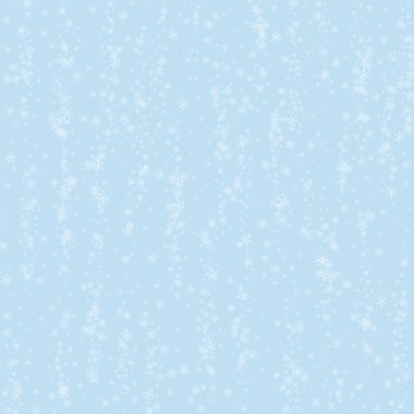 Güzel kar yağışı arkaplanı. Hafif uçan kar taneleri ve açık mavi kış arka planındaki yıldızlar. Güzel kar yağışı şablonu. Kare vektör illüstrasyonu.